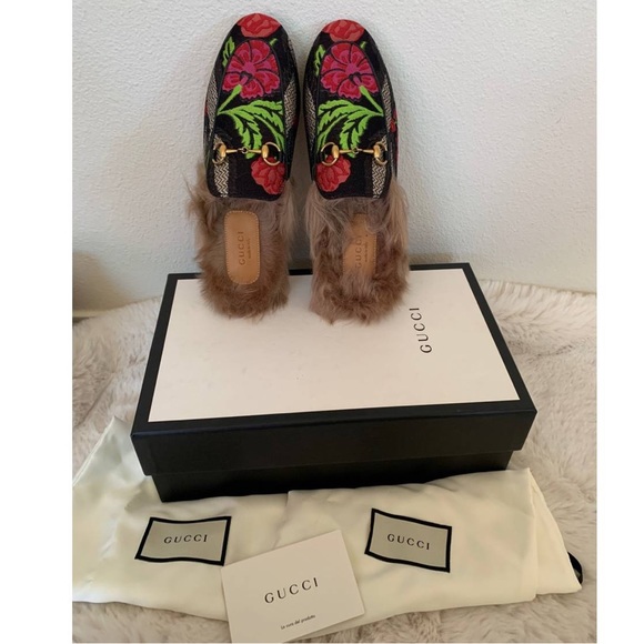 New Gucci Princetown fur Tapestry Brocade Fur Floral slippers flats - Picture 6 of 11